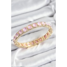 Pirinç Pembe Zirkon Taşlı Kare Model Gold Renk Lastikli Kadın Bileklik Çok Renkli