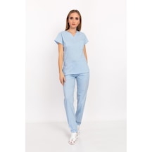 Bebe Mavi Likralı Unisex Doktor Hemşire Hastane Scrubs Üniforma Takımı Bebe Mavi Bebe Mavi
