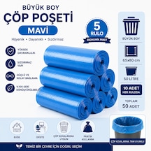 Büyük Boy Mavi Çöp Poşeti 65x80 Cm 50 Litre 5 Rulo X 10 Adet Toplam 50 Adet Dayanıklı Sızdırmaz Çöp Torbası