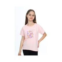 Toontoy Kids Toontoy Kız Çocuk Baskılı Bisiklet Yaka Kısa Kollu Yırtmaçlı Tişört Pudra