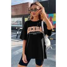 Blackjack Giyim Kadın Siyah Oversize Michigan Baskılı T-shirt Siyah
