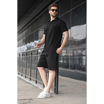 Madmext Siyah Yarım Fermuarlı Polo Yaka T-shirt Şort Takım E7348 Siyah