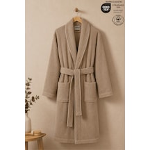 Bej Çizgili Bornoz %100 Sertifikalı Pamuk Şal Yaka Unisex Banyo Bornoz / Sabahlık 340 Gr/m2