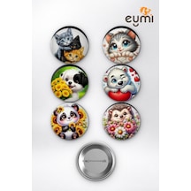 Sevimli Bebek Hayvanlar Kedi Köpek Panda Çanta Süsü Rozet İğneli Buton Rozet Seti 58 Mm 6'lı Çok Renkli