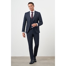 Morven Erkek Lacivert Poliviskon Trend Yelekli Çizgili Desen Slim Fit Sivri Yaka Takım Elbise Lacivert