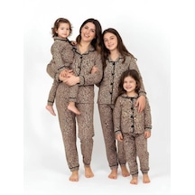 Dolaş Kids Anne Ve Kız Çocuk Ve Bebek Leopar Desenli Boydan Düğmeli Pijama Takımı Kahverengi