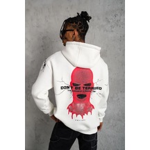 Erkek 3 İplik Pamuklu Kapüşonlu Baskılı Cepli Oversize Sweatshirt Hoodie - Beyaz