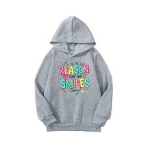 Unisex Gri Cocuk Kapüşonlu Sweatshirt Reason Smile Baskılı, Şardonlu Kalın Kumaş Gri