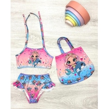 My Kids Wear Üç Parça Çantalı Kız Çocuk Fırfırlı Bikini Takım Mercan - Pembe