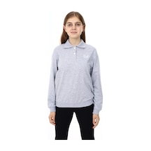Toontoy Kız Çocuk Oversize Polo Yaka Düşük Omuz Nakış Baskılı Sweatshirt - 2 İplik Gri