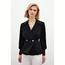 Sateen Gömlek Yakalı Bluz - Siyah