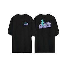Thewert Unisex Greetings From Space Ön Arka Baskılı Sıyah Oversize T-shirt Siyah