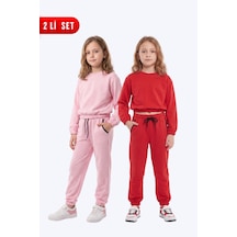 Fyk Kids 2'li Yuvarlak Yakalı Beli Lastikli Crop Kesim 4 Parça Kız Çocuk Alt Üst Eşofman Takımı Pembe-kırmızı