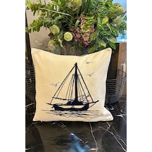 Yelkenli Lüx Nakışlı Keten Kırlent Kılıfı 45x45 Cm Siyah