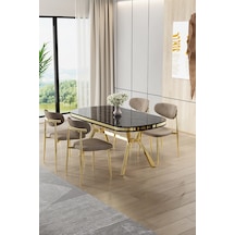 Canisa Olya Serisi 90x168 Lak Panel Sonata Masa Takımı Gold Ayaklı 4 Cappucino Sandalye Sonata Masa Cappucino Sandalye