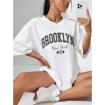Brooklyn 1898 Süprem T-shirt - Beyaz Baskılı Oversize Bisiklet Yaka Kısa Kol Tişört Beyaz