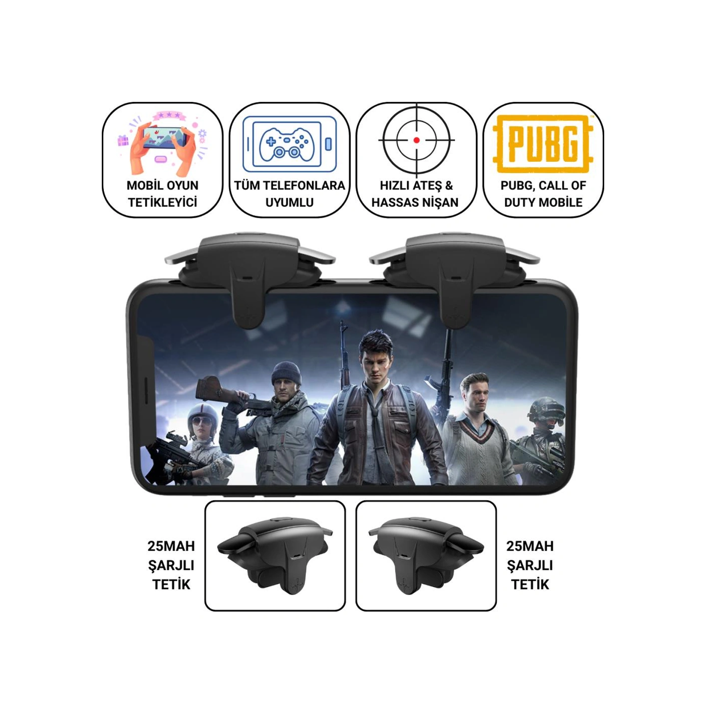 Coofbe Profesyonel Yüksek Hassasiyetli 2 Adet Şarjlı Telefon Tetik Mobil Oyun Tetik Aparatı 4 Buton Nişan Ve Tetik Tuşu