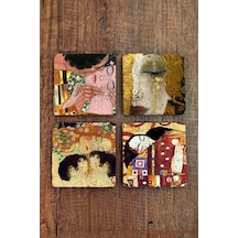 Doğaltaş Bardak Altlığı 4'lü Set - Uv Baskılı Doğal Taş Bardak Altı - Gustav Klimt Eserleri Çok Renkli
