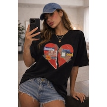 Yolo Street Kırık Kalp Baskılı Oversize Beyaz Tişört Kadın Streetwear T-shirt Siyah