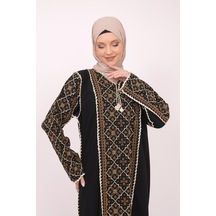 Filistin Geometrik Ön ve Kollar Sanara Nakışlı Geleneksel Filistin Kadın Elbise M-3xl C100029-kahverengi