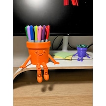 3d Baskı Hareketli Gülen Kalemlik - Eklemli Masaüstü Organizer - Turuncu Çok Renkli