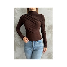 Unika Boutique Kadın Kahverengi Dik Yaka Omuz Ve Bel Büzgülü Uzun Kollu Bluz