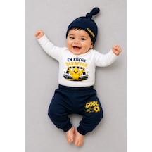 Babyden's %100 Pamuk Sarı Lacivert En Küçük Taraftar 3'lü Yenidoğan Bebek Takımı Uzun Kollu Body Pantolon Şapka Set