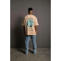 Erkek Kısa Kol Yazlık Tişört Bisiklet Yaka Baskılı Oversize T-shirt - Bej