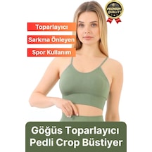 Svein Göğüs Toparlayıcı Sarkma Önleyen Gündelik Spor Kullanım İnce İp Askılı Pedli Çizgili Crop Büstiyer Yeşil