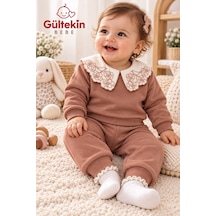 Vovido Yaka Güllü 3 İplik Şardonlu Kız İkili Takım 9-24 Aylık -al3315366 - Açık Kahve
