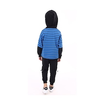 Toontoy Kids Toontoy Erkek Çocuk Çizgili 2'li Takım Baskılı Kapüşonlu Sweatshirt & Beli Paçası Lastikli Cepli Jogger Eşofman Altı - Renk Bloklu & 2 İplik Saks