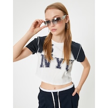 Koton Crop Tişört Kolej Baskılı Bisiklet Yaka Slim Fit Renk Bloklu Ekru 4sal11011ık Ekru