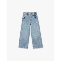 Koton Pamuklu Rahat Kesim Zımba Detaylı Geniş Paça Denim Pantolon Lıght Indıgo 6wkg40067ad Açık Mavi