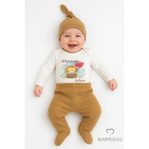 Babyden's Abisinin Aslanı Yazılı 3 Lü Bebek Takımı Uzun Kollu Çıtçıtlı Body,fitilli Patikli Pantolon Şapka Set Açık Kahverengi
