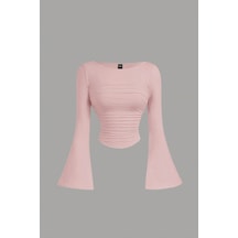 Kadın Likralı Drapeli Uzun İspanyol Kollu Crop Bluz Açık Pembe