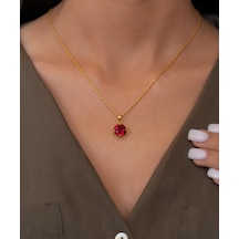 Bayar Gold 14 Ayar Altın Kırmızı Taşlı Telkari Kolye Sarı Altın