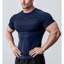 Ghassy Co. Erkek Nem Emici Hızlı Kuruyan Renk Solmayan Atletik Teknik Fitness Spor T-shirt Lacıvert
