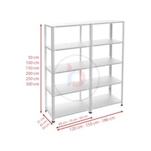 5 Katlı Duble Galvaniz Çelik Raf - Depo, Arşiv, Kiler, Dosya, Market Rafı 59x60 Cm-100 Cm-1.00 Mm Metalik