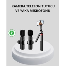 Mey İthalat Kablosuz Çift Yaka Mikrofonu Ve Tripodlu Selfie Çubuğu İçerik Üretici Seti