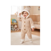 Tatlı Unisex Bebek Kapitone Tulum İçi Peluş Kürklü Kapüşonlu Düğmeli Kışlık Bebek Kozmonot Tulumu Bej