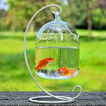 El Yapımı Cam Akvaryum - Transparent Borosilikat Cam, Beyaz Askı, Ev Dekorasyonu, 15cm Yükseklik