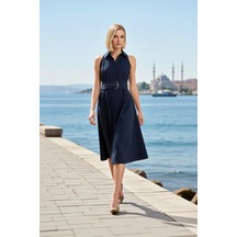 Benerly Kadın Elbise Gömlek Kolsuz Yaka Midi Boy Astarsız Poplin Dokuma D Lacivert