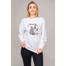 Metallıca And Justıce For Baskılı Beyaz Kadın Sweatshirt