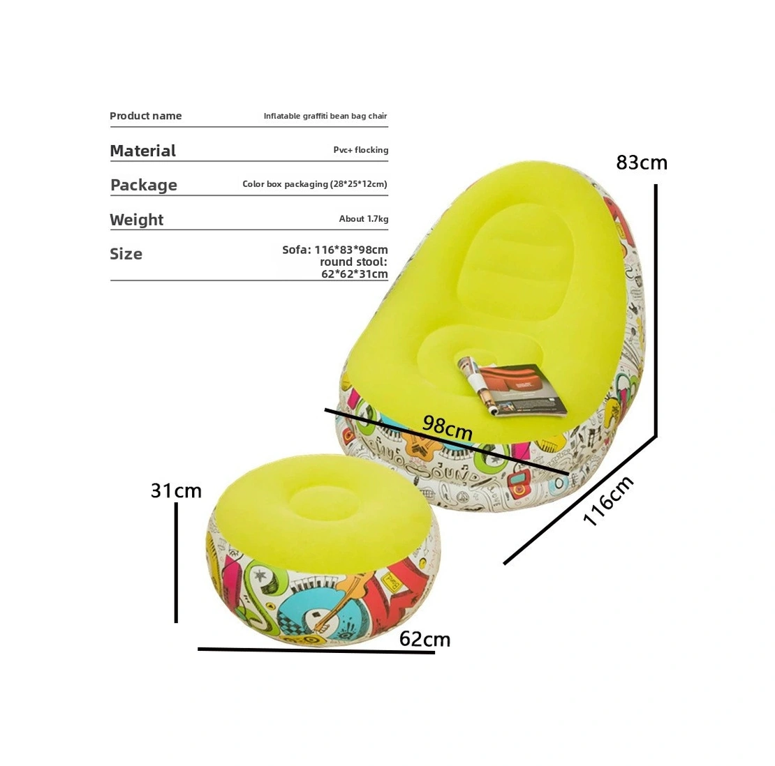 Şişme Lazım Koltuk Ayaklı Set Katlanır Peluş Pvc Salon Şezlong Seti Makaron Yeşili 116 98 83cm 1.8kg Yeşil