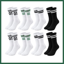 Bezos Unisex Çorap Çizgili 8'li Set 07 Good Vibes Yazılı Siyah Beyaz Uzun Soket Spor Kolej Stil Çorap Bzs01 Çok  Renkli