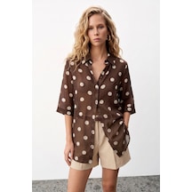 Sateen Puantiye Desenli Gömlek - Kahve-137748