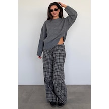 Madmext Gri Lastikli Bel Geniş Paça Ekose Pantolon Mg2658 Gri