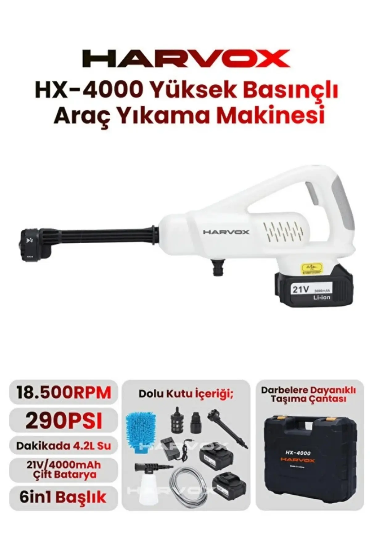 Hx-4000 Yüksek Basınçlı Araç Yıkama Makinesi 290psı 18.500rpm 4000mah Çift Batarya Yıkama Tabancası 1