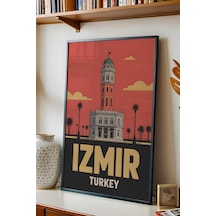 İzmir Saat Kulesi Tablo - Retro Travel Poster - Şehir Serisi Duvar Dekoru - Çerçeveli Poster Siyah
