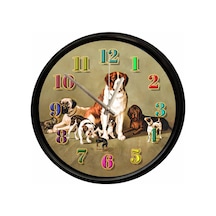 Vintage Köpek Dostlar Tasarımlı Dekoratif Duvar Saati 28 Cm Sessiz Mekanizma Çok Renkli